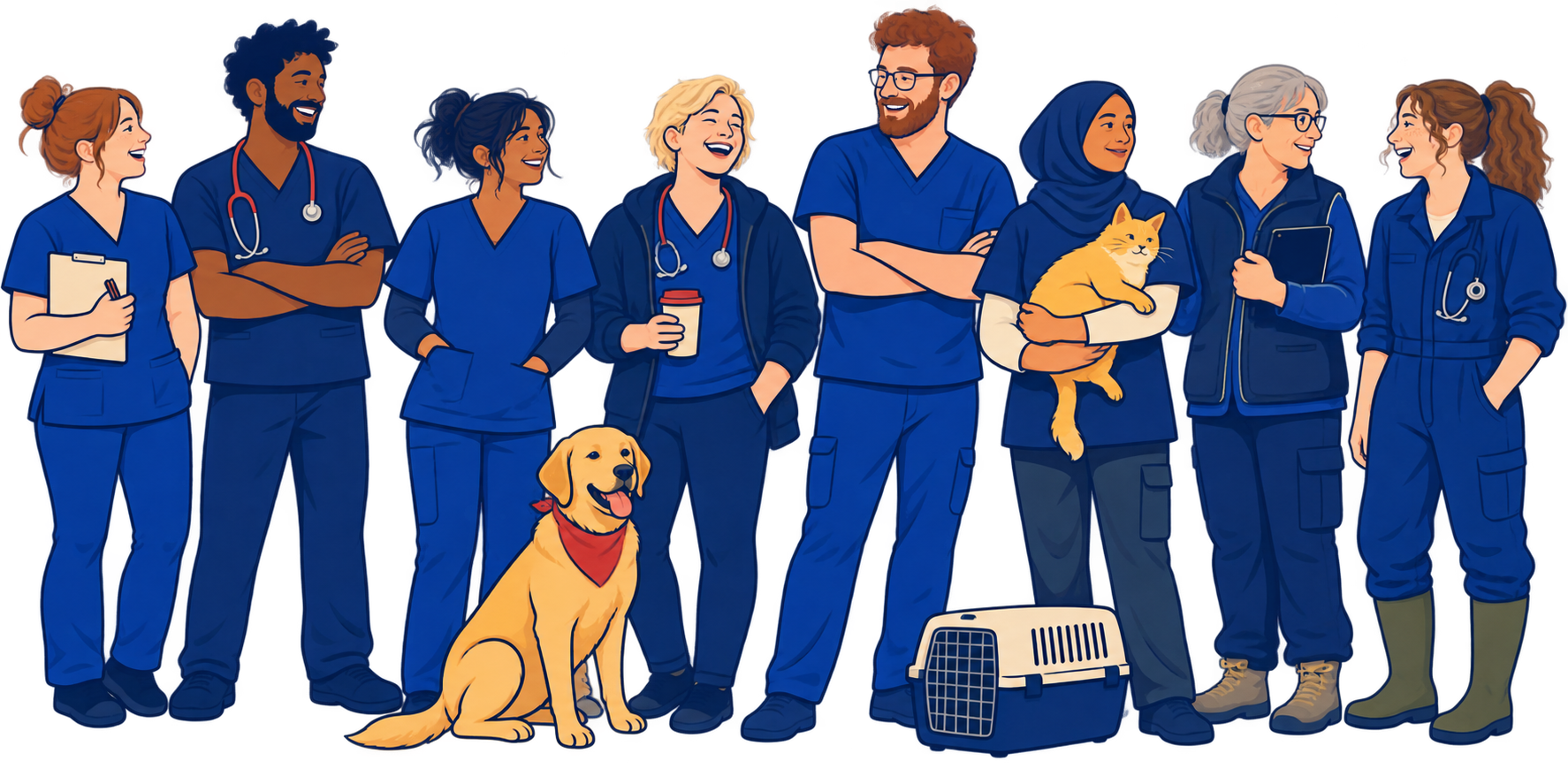An illustrated line-up of veterinary professionals in scrubs with a dog, a cat and a pet carrier